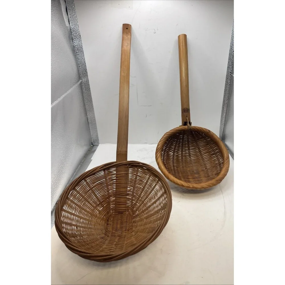 2 Vtg Wicker Ladles Spoon Scoop Woven Rattan Basket Wood Handle Primitive